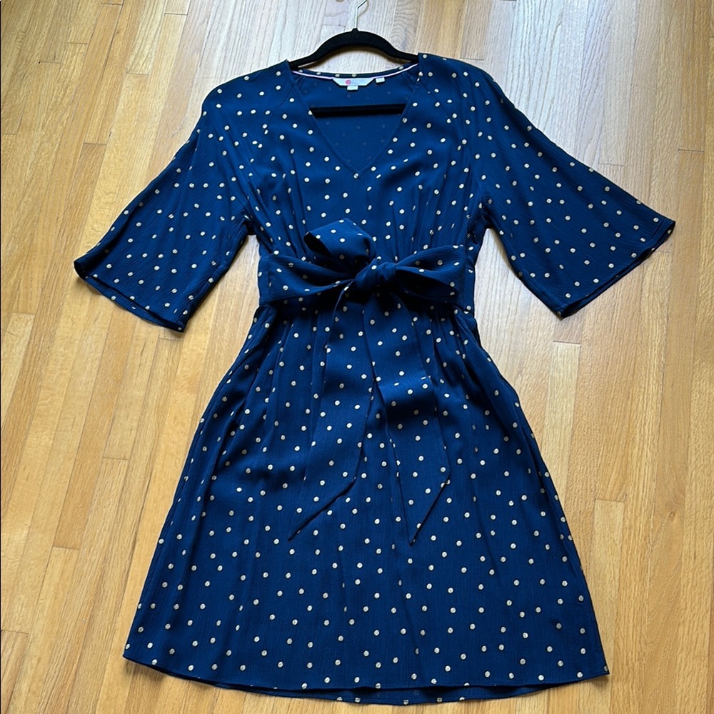 Boden Navy and Gold Polka Dot Mini Dress